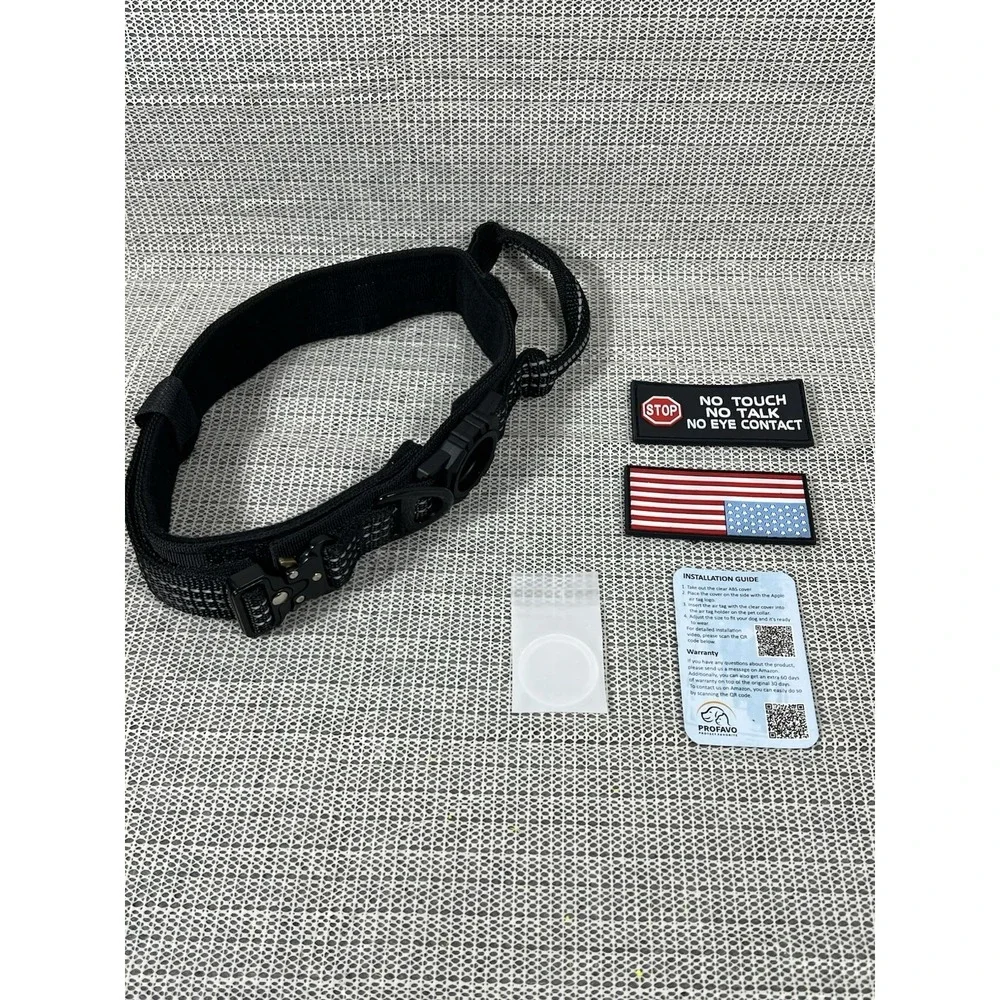Profavo XL Tactical AirTag Dog Collar Black 2 Hook/Loop Rubber Patches